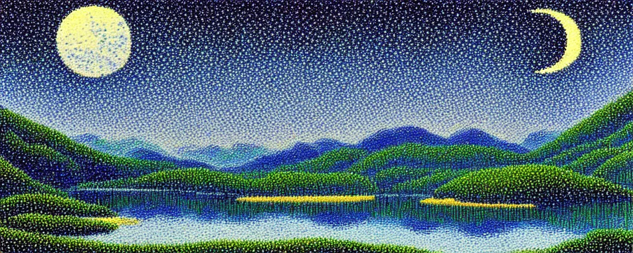 Prompt: a peaceful mountain valley with a lake at night, crescent moon, pointillism