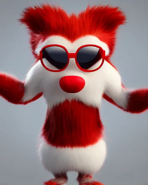 Prompt: 3 d render of completely red hairy friendly antropomorphic cartoony creature wearing white ray - ban shades, full body, simple, cute, white background, unreal engine 5 hdr