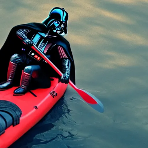 Image similar to darth vader fighting pennywise the clown on a kayak in the middle of a creepy lake, ultra high def, hyper realistic, photo