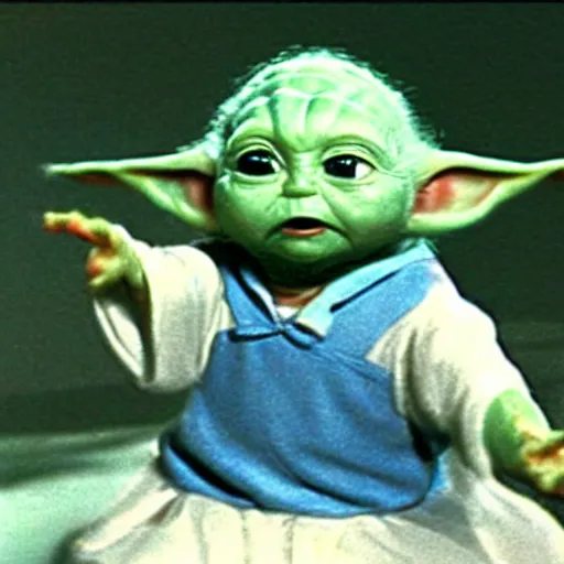 Prompt: promotional image of Betty White as baby yoda dancing.