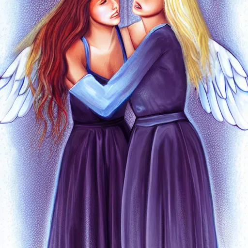 Prompt: a painting two young women best friends in their twenties hugging, they are both beautiful with long blond hair, one of the girls has a halo above her head and angel wings, highly detailed, digital art