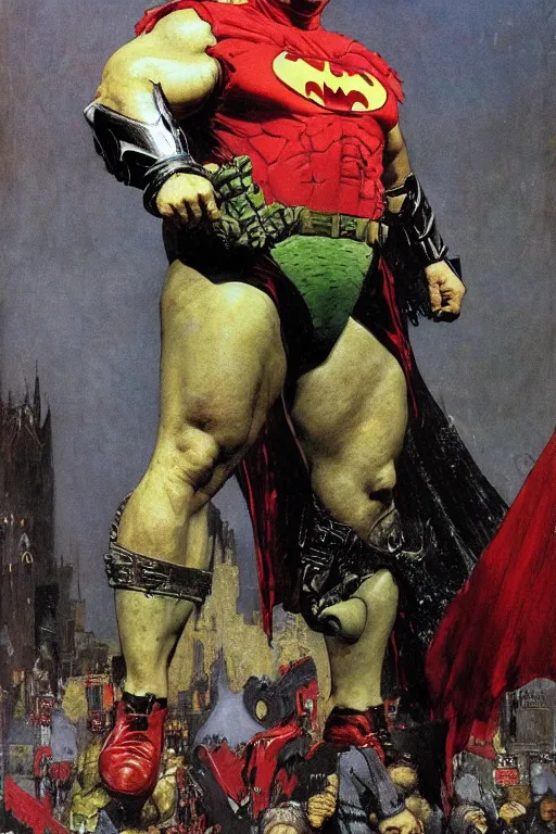 Image similar to full length portrait of hulking brock lesnar as dark evil batman wearing cape and armour, hong kong, painted by lawrence alma tadema, zdzislaw beksinski, norman rockwell, jack kirby, tom lovell, greg staples