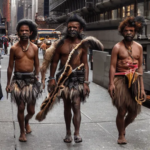 Image similar to detailed 4 k photorealistic papuan tribe walk in new york in the style of nick ut and eddie adams and margaret bourke and yousuf karshs and alfred eisenstaedt