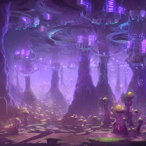 Image similar to concept art detailed painting of a dark purple fantasy fairytale fungal city made of mushrooms, with glowing blue lights, in the style of jordan grimmer and neil blevins and wayne barlowe