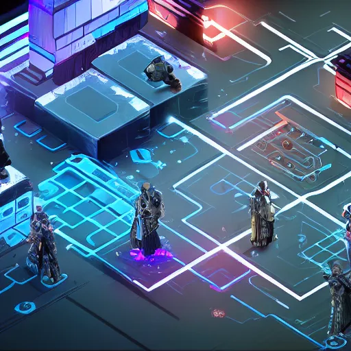 Prompt: An artificial intelligence designing an isometric futuristic rpg game, 4k, dramatic lighting, high detail