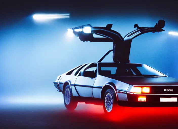 Image similar to a delorean dmc-12 in the mist, blue and red light, backlit