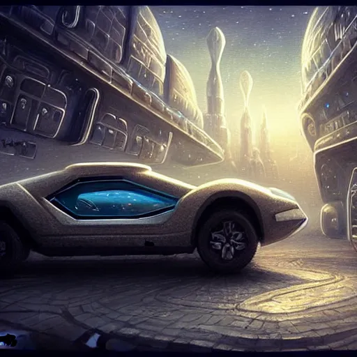 Image similar to A photo of car in the form of a space horse, street on the space city, Norilsk, sci-fi, fantasy, intricate, very very beautiful, by Evgeny Zubvkov, elegant, highly detailed, digital painting, artstation, concept art, smooth, sharp focus, illustration, art by artgerm and greg rutkowski and alphonse mucha