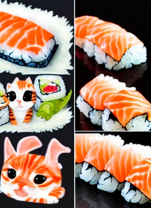 Image similar to clear photorealistic picture of adorable cats made out of sushi