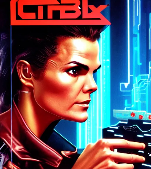 Image similar to cable plugged in, side of head, keri russell, cyberdeck computer terminal, 1 9 7 9 omni magazine cover, style by vincent di fate, cyberpunk 2 0 7 7, very coherent, detailed, 4 k resolution, unreal engine, daz