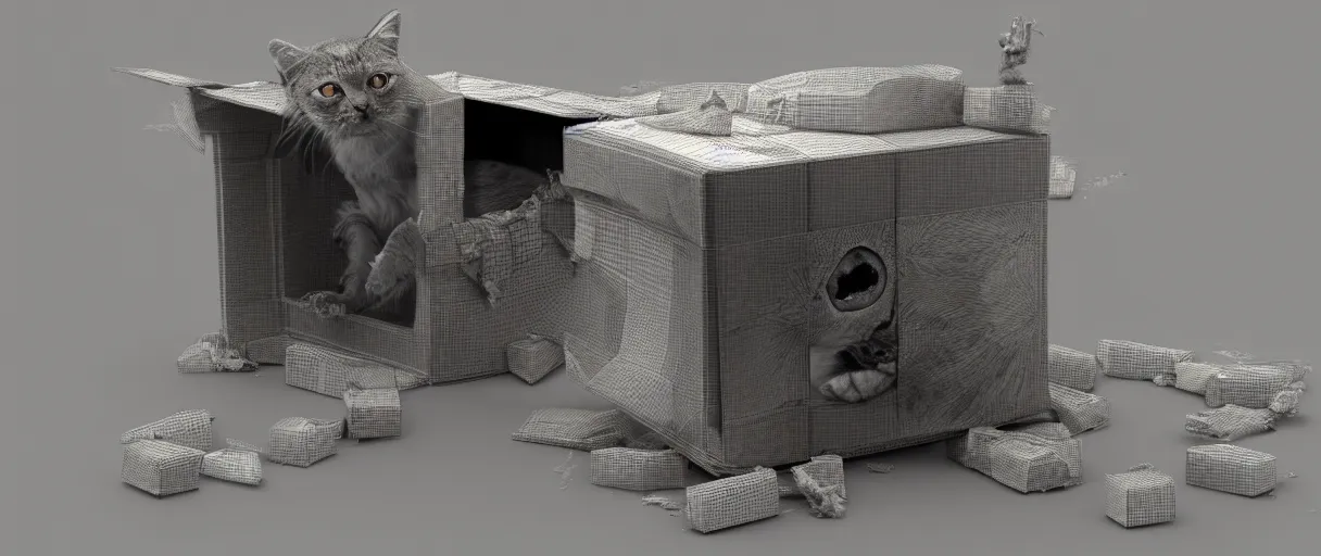 Image similar to 3 d render of schrodinger's cat in a box beeing dead and alive at the same time, paradox, quantum superposition, waves and particles, wave function, scifi style, concept art, high detail, artsation 4 k