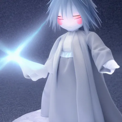 Prompt: cute fumo plush of yuki onna in the middle of a blizzard, snow particle simulation, outline glow lens flare, vray