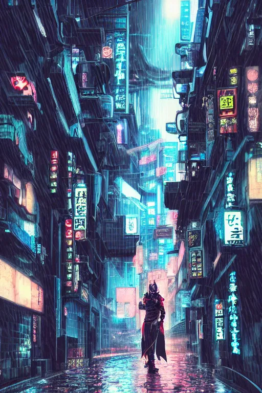 Image similar to a cyberpunk samurai in a raining cobblestone alleyway in tokyo, neon lights, full moon, fog cinematic anime art by one