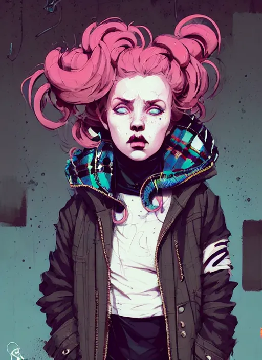 Image similar to highly detailed portrait of a sewer punk lady, tartan hoody, blonde ringlet hair by atey ghailan, by greg rutkowski, by greg tocchini, by james gilleard, by joe fenton, by kaethe butcher, gradient magenta, black, blonde cream and white color scheme, grunge aesthetic!!! ( ( graffiti tag wall background ) )