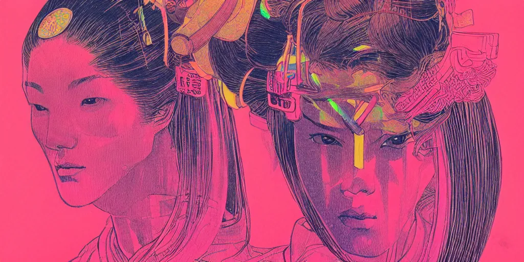 Prompt: a close - up grainy, risograph drawing, hyper light drigter, neon colors, a big porcelain glossy geisha head, with long hair, floating above the sharp peaks weapons, style by moebius and kim jung gi