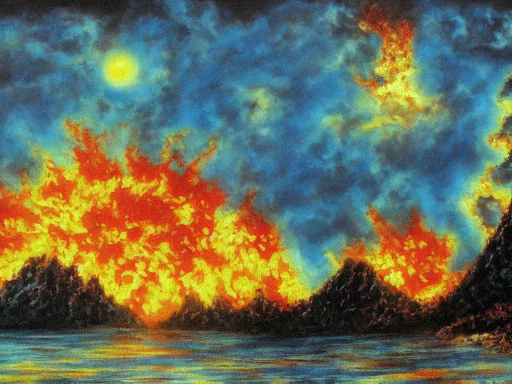 Image similar to bob ross painting of a nuclear holocaust