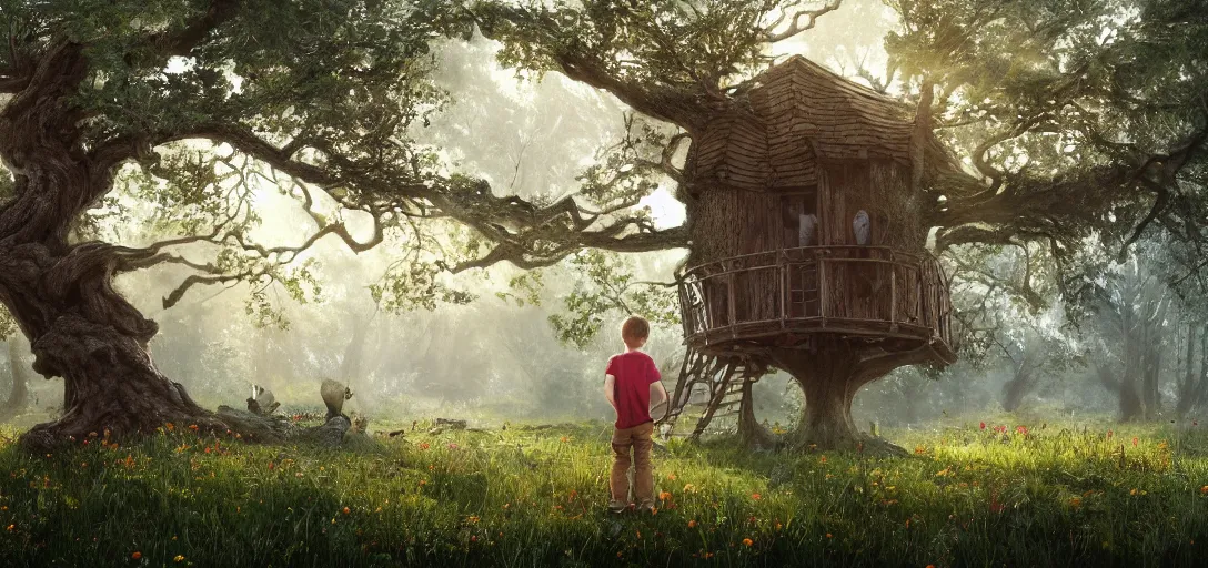 Image similar to Kid with red radioflyer standing in front of beautiful tree house in an old oak tree on a beautiful meadow with flowers, dramatic lighting, cinematic, establishing shot, extremly high detail, photo realistic, cinematic lighting, post processed, concept art, artstation, matte painting, style by eddie mendoza, raphael lacoste, alex ross