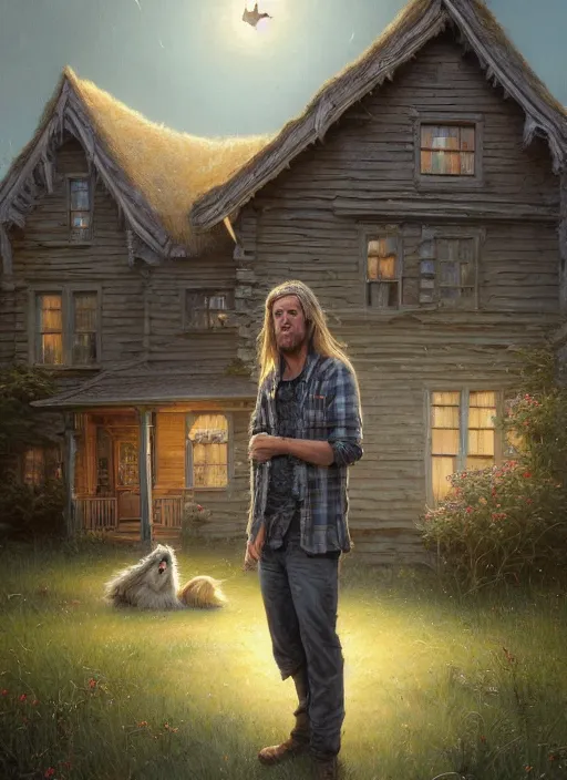 Prompt: highly detailed portrait of a blonde long - haired hillbilly in front of old style house, with his fluffy black and gray australian shepherd, stephen bliss, art by greg rutkowski, loish, rhads, ferdinand knab, makoto shinkai and lois van baarle, tom bagshaw, global illumination, artstation