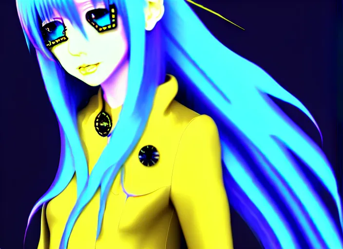 Image similar to a hologram of rimuru tempest, sky blue hair, golden yellow eyes, wearing black stylish clothing, holography, irridescent, baroque visual kei decora art pixiv 3 d render