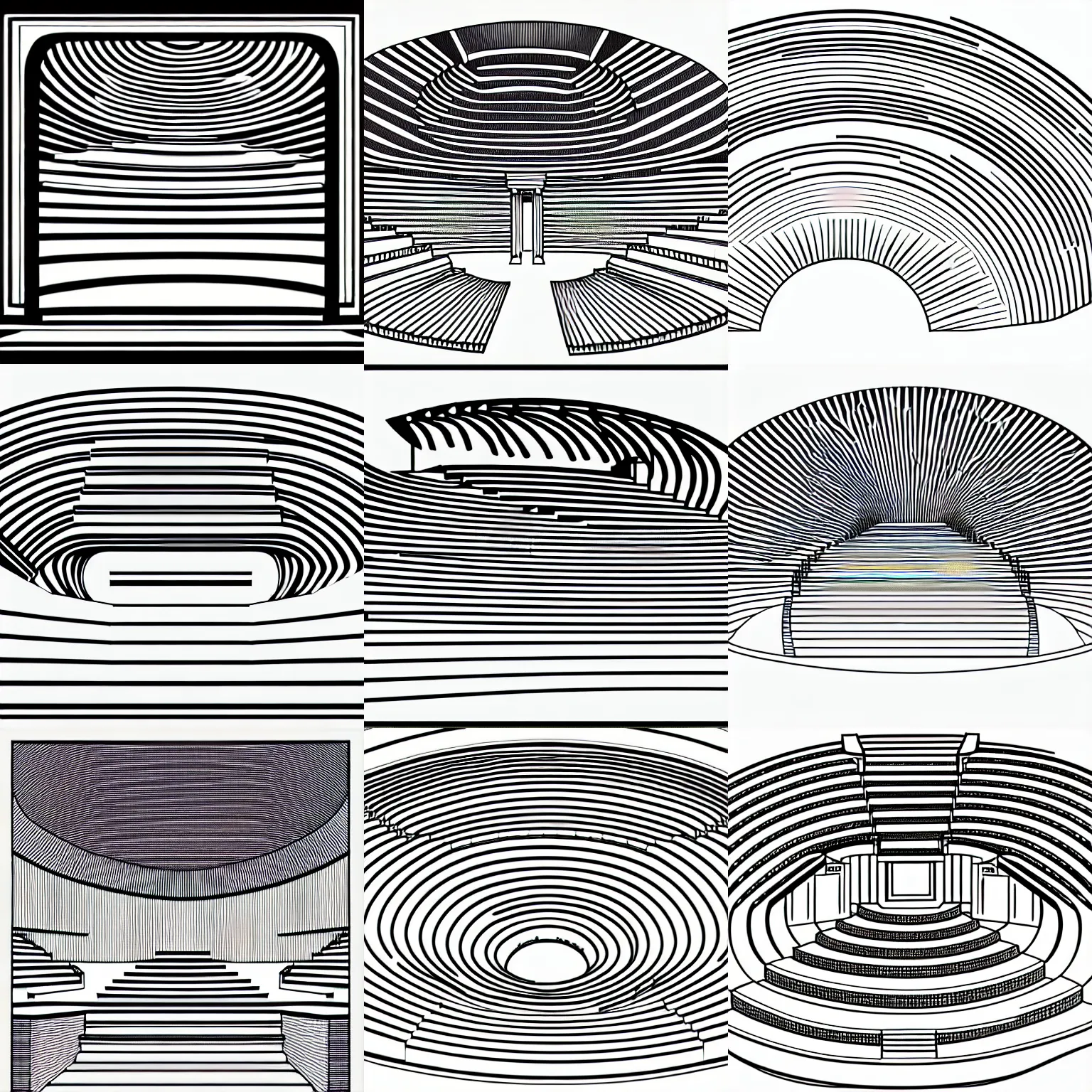 Prompt: a stephen biesty cross - section through the stairs of a simplified smooth shaded ancient greek amphitheater line drawing in the style of pavlov visuals, precise! vector trace, 3 / 4 extra - wide shot, occlusion, white background