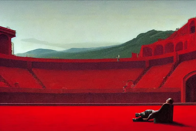 Image similar to only with red, a red great emperor, taormina amphitheatre, expressive crowd with big smile, in the style of beksinski, parts by edward hopper, parts by rodcenko, parts by yue minjun, intricate and epic composition, red by caravaggio, insanely quality, highly detailed, masterpiece, red light, artstation, 4 k