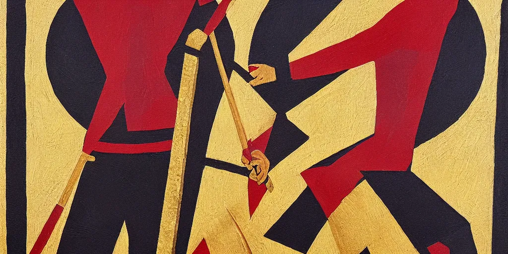 Prompt: textured art deco painting of roman soldier with spear, geometric, gold and deep dark red background with lightning bolt