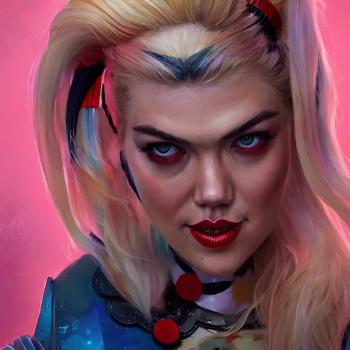 Prompt: portrait of Kate Upton as a harley quinn. intricate abstract. intricate artwork. by Tooth Wu, wlop, beeple, dan mumford. octane render, trending on artstation, greg rutkowski very coherent symmetrical artwork. cinematic, hyper realism, high detail, octane render, 8k, iridescent accents