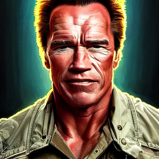 Prompt: portrait of Douglas Walker as Arnold Schwarzenegger, parody, intricate, headshot, highly detailed, digital painting, artstation, concept art, sharp focus, illustration, art by artgerm and greg rutkowski and alphonse mucha