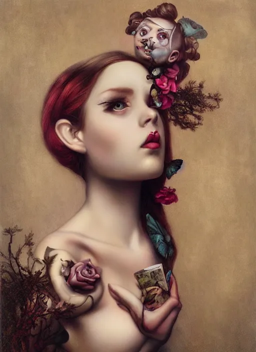 Image similar to pop surrealism, lowbrow art, realistic seductive woman painting, preraphaelites, hyper realism, muted colours, rococo, natalie shau, loreta lux, tom bagshaw, mark ryden, trevor brown style,