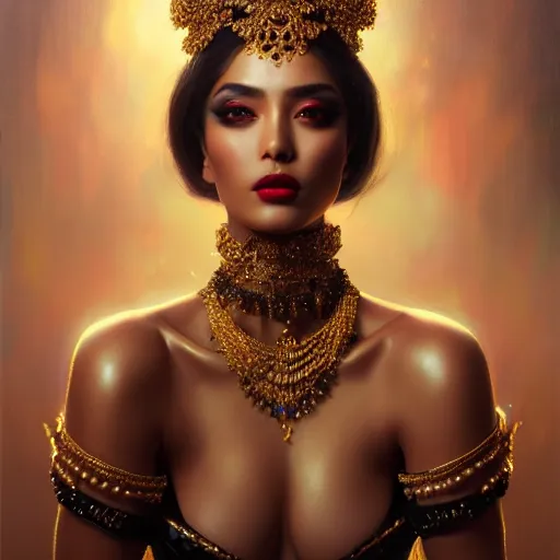 Prompt: expressive oil painting, of alluring persian princess, seductive look, smooth glowing skin, glistening body, love, adoration, ornate headpiece of black beads, black choker, glamour shot, by yoshitaka amano, by greg rutkowski, by jeremyg lipkinng, by artgerm, digital art, octane render