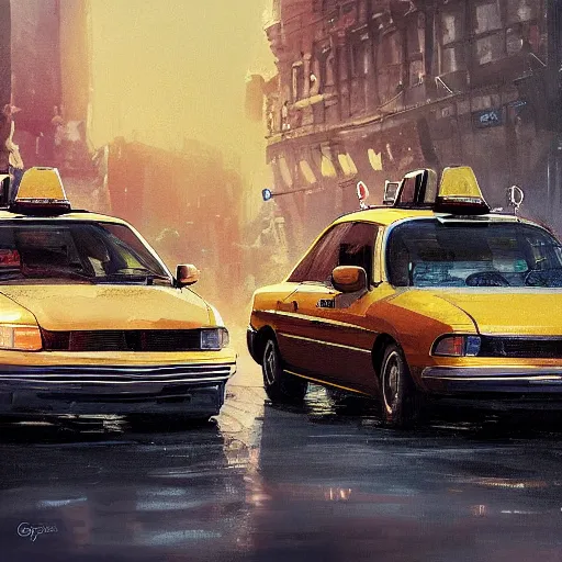 Prompt: a couple of taxis waiting for gas by greg rutkowski