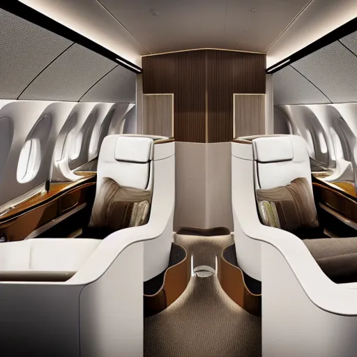 Prompt: Interior shot of a luxurious business class suite on a widebody jet with an earthy color palette