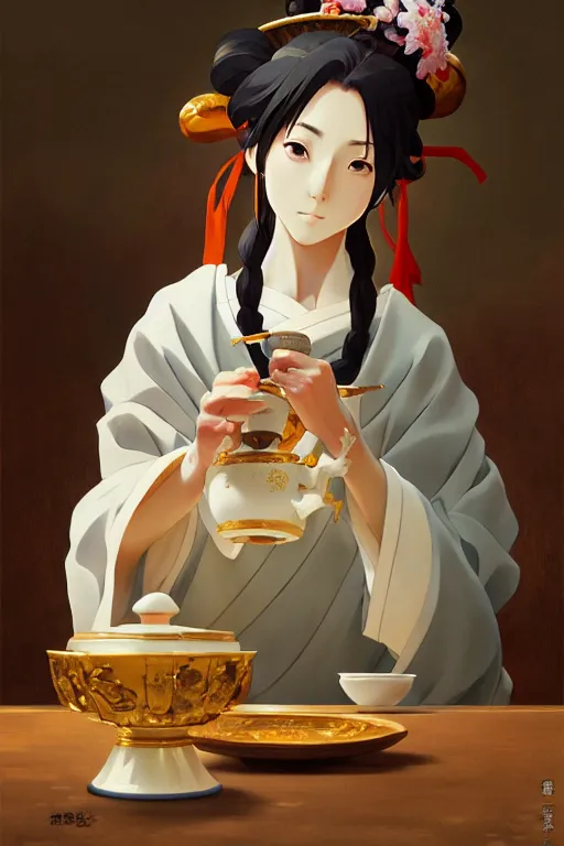 Image similar to baroque oil painting of anime key visual concept art of anime traditional japanese shinto priestess pouring a cup of tea gracefully, sat in seiza position, award winning, trending on artstation, palette knife! and brush strokes, oil on canvas, makoto shinkai greg rutkowski studio ghibli