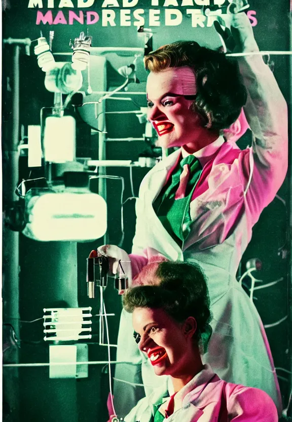 Prompt: A female mad scientist smiling in a darkly lit laboratory field with test tubes, constructing a partially-built realistic robotic man in a suit, 1950s horror film movie poster style, retro vintage, saturated pink and green lighting