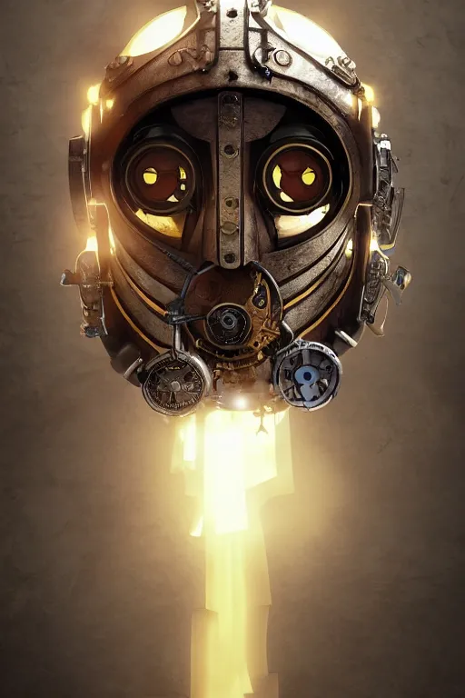 Image similar to steampunk mask minimalist fantasy art robot ninja helmet, global illumination ray tracing hdr fanart arstation by sung choi and eric pfeiffer and gabriel garza and casper konefal radiating a glowing aura