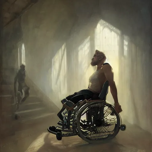 Image similar to handsome portrait of a wheelchair guy fitness posing, radiant light, caustics, war hero, playing wheelchair basketball, by gaston bussiere, bayard wu, greg rutkowski, giger, maxim verehin