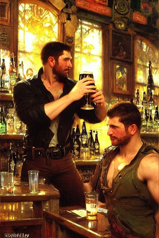 Image similar to chris redfield drinking beer in a bar, painting by gaston bussiere, craig mullins, greg rutkowski, alphonse mucha