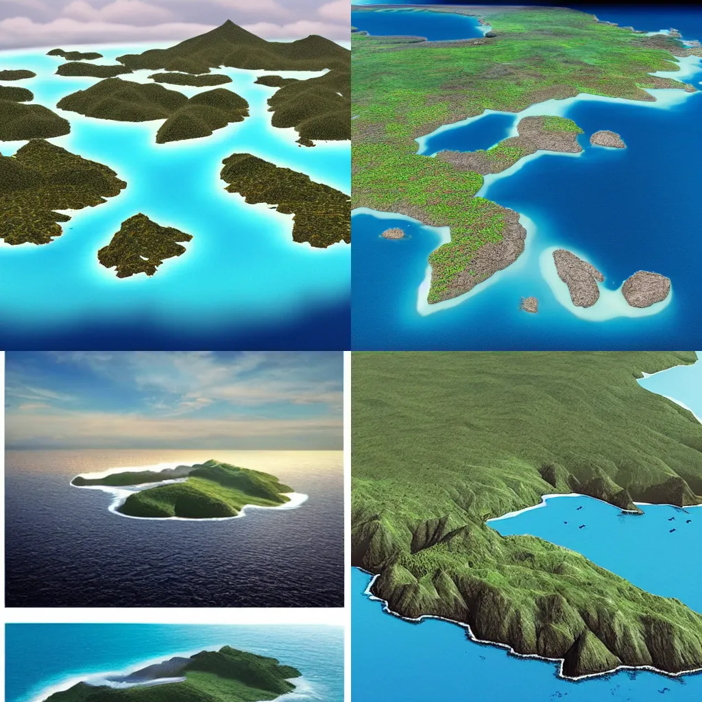 Prompt: Photo of islands surrounded by ocean. Realistic.