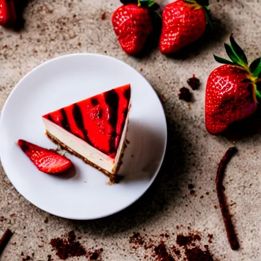 Prompt: realistic photo of a strawberry cheesecake, delicious, studio lighting, cinnamon and tea beside, realistic, food