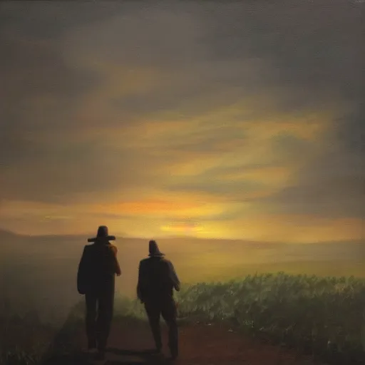 Prompt: two traveling men on an adventure, oil painting, dramatic lighting, at dusk