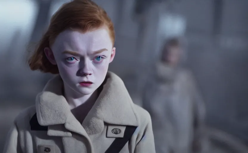Prompt: sadie sink with buzz cut hair in oversized man's coat : a still from a scifi soviet cyberpunk film from 1 9 8 0 s. by steven spielberg and james cameron. 6 5 mm low grain film stock. sharp focus, realistic facial expression, perfect anatomy, global illumination, radiant light, detailed and intricate environment, trending on artstation