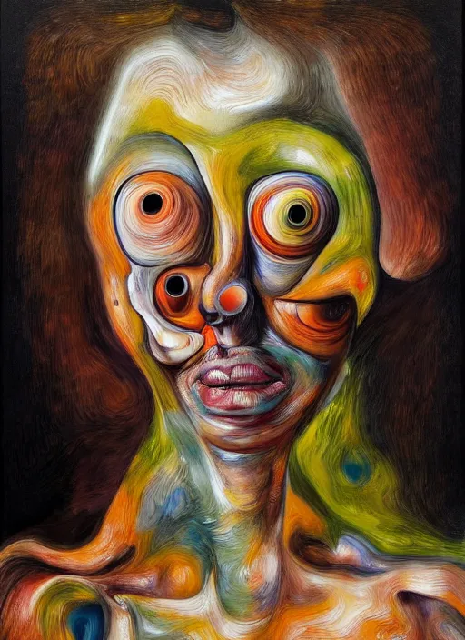 Prompt: a strange, biomorphic painting of a woman with large eyes, in vibrant colours in the style of jenny saville, in the style of charlie immer, highly detailed, emotionally evoking, head in focus, volumetric lighting, oil painting, timeless disturbing masterpiece, arcimboldo