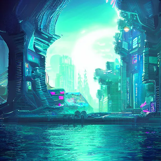 Image similar to Cyberpunk Atlantis, digital art