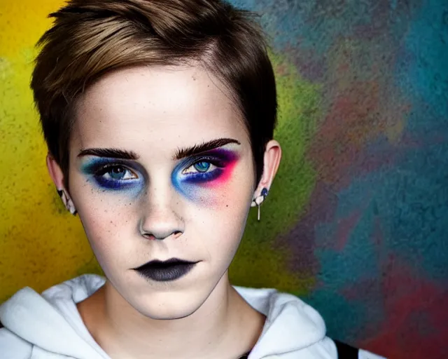 Prompt: color studio photo of a tom boy, young adult, face tattoos, short blonde hair, black makeup, white hoodie, emma watson, detailed