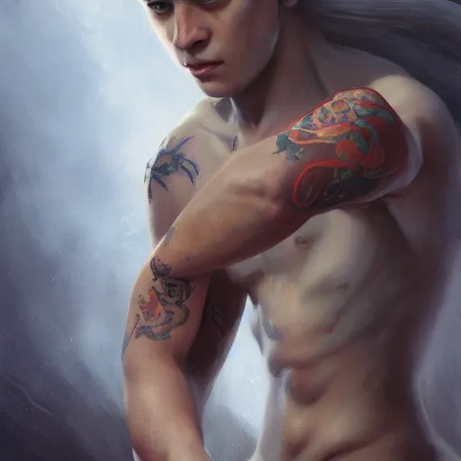 Prompt: A detailed matte oil on canvas painting of a young white male martial artist monk, orchid arm tattoos by greg rutkowski and Charlie bowater, trending on artstationhd, dungeons and dragons art