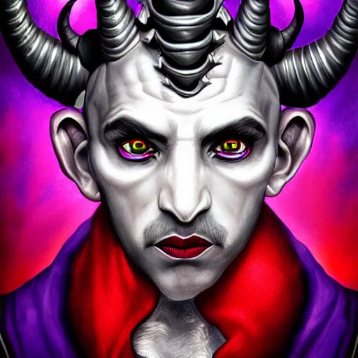 Image similar to detailed, symmetrical, close - up, airbrush art portrait of a level 5 tiefling d & d bard | he has purple skin and red horns | background is black and red