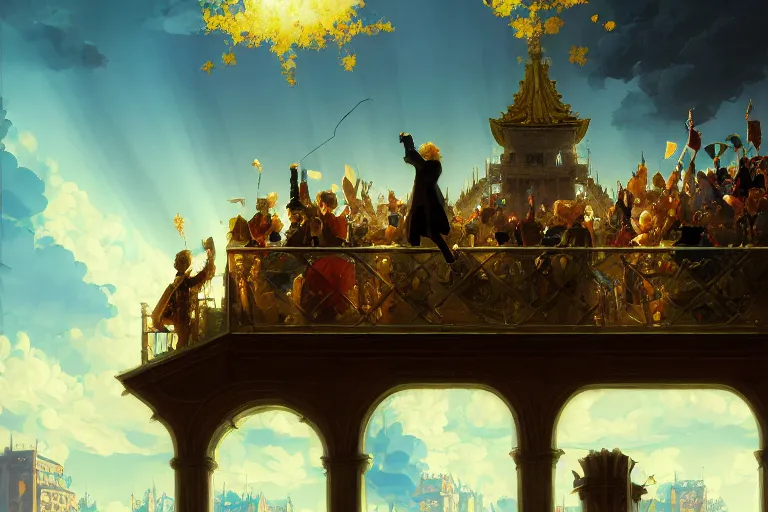 Image similar to baroque oil painting of anime key visual concept art of king addressing nation from balcony as artillery rains down from above, golden rays, fantasy european castle, trending on artstation, palette knife and brush strokes, oil on canvas, style of makoto shinkai greg rutkowski studio ghibli genshin impact