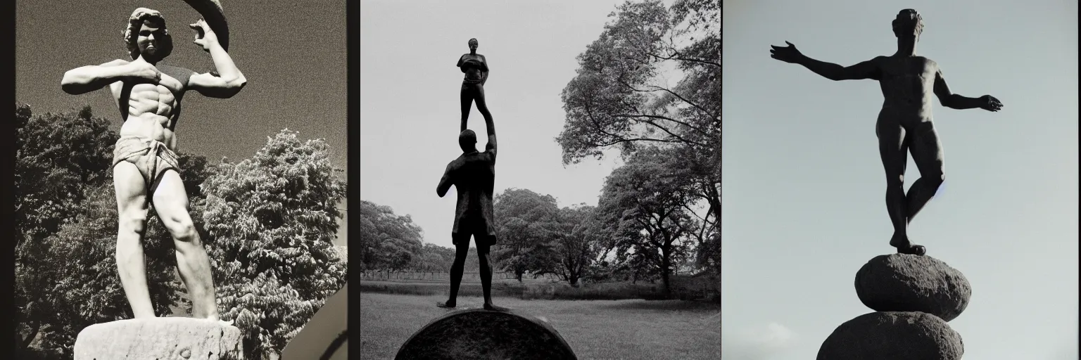 Prompt: A 35mm film photography of the front view of a statue of a man, an arm extended, standing on a giant flying stone disc