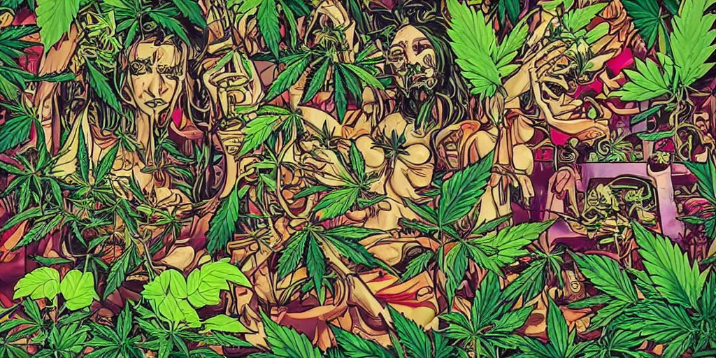 Image similar to cannabis paradise in lowbrow art style