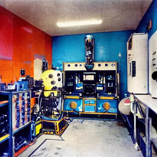 Image similar to interior photo of alien laboratory with strange device at the center of a room, colorful photo