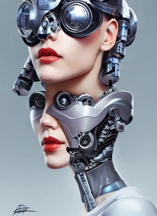 Image similar to portrait of a cyborg woman who turns her head to the ((((((right))))) left+350 (((((up+1))))) (((((down))))) by Artgerm,eyes closed , biomechanical, hyper detailled, trending on artstation